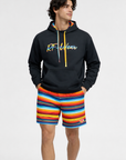 Man wearing a black hoodie and Men's RF-Wear Mesh Baja Shorts - Multicolor