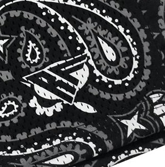 Close-up of RF-Wear Men's Mesh Bandana Shorts in Black with RF logo.