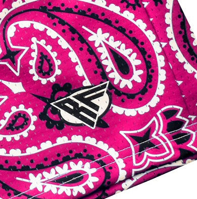 Close-up of RF-Wear Men's Mesh Bandana Shorts in Fuchsia with RF logo