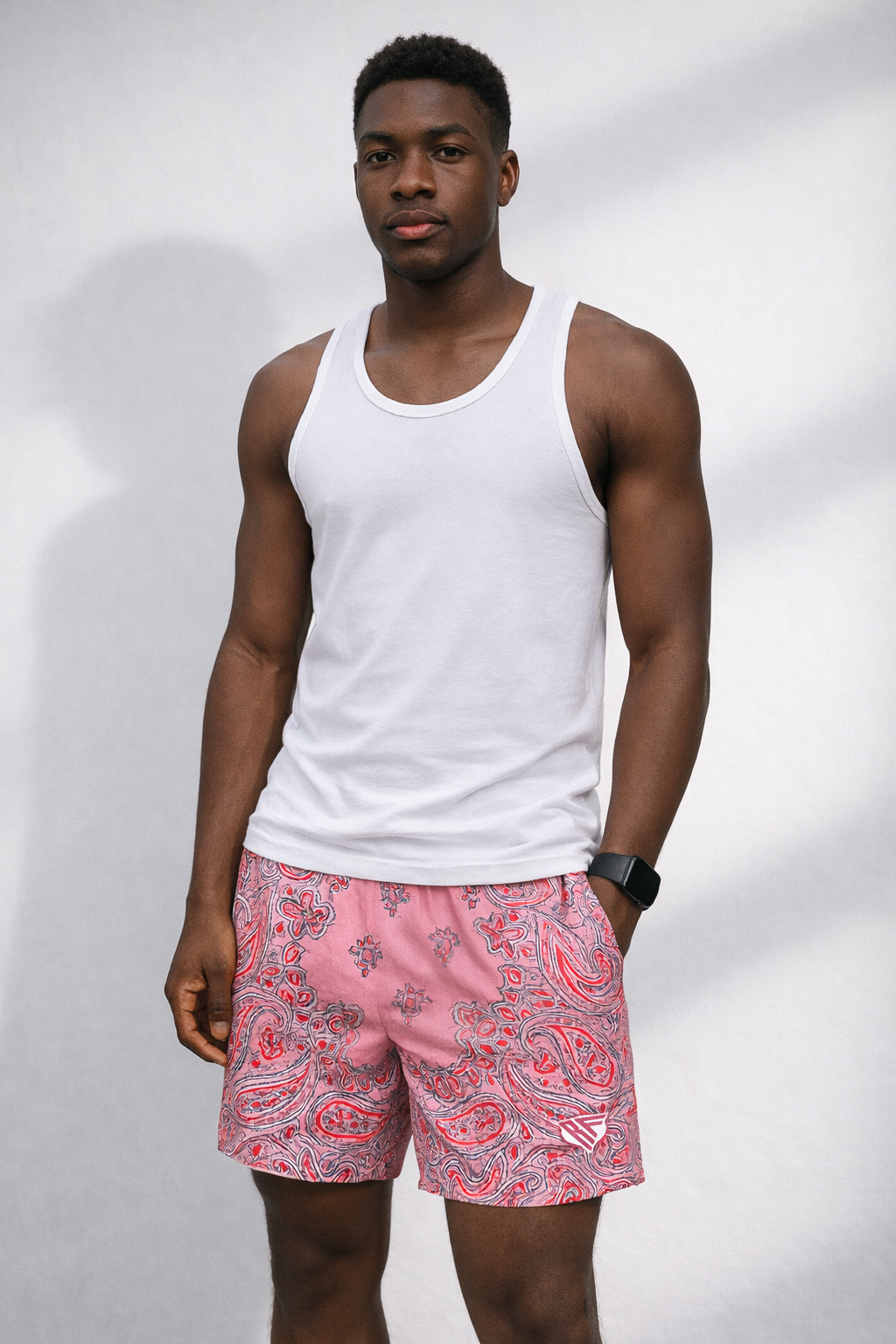 man wearing a white tank top and RF-Wear Men's Mesh Bandana Shorts in Pink