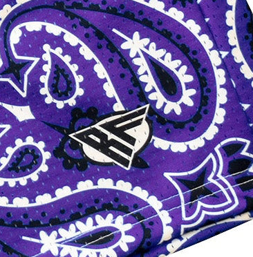 Close-up of RF-Wear Men's Mesh Bandana Shorts in Purple with RF logo
