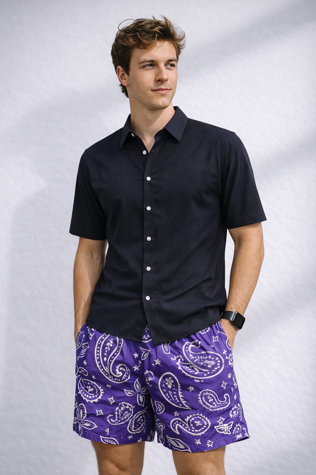 Map wearing a black shirt and RF-Wear Men's Mesh Bandana Shorts in Purple. 
