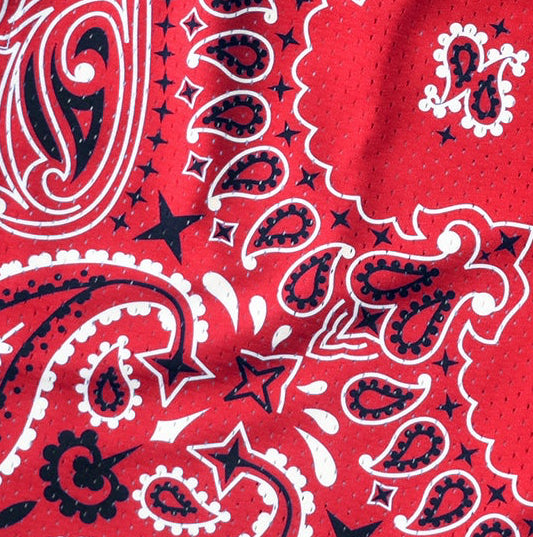 Close-up of RF-Wear Men's Mesh Bandana Shorts in Red 