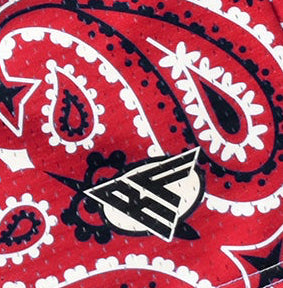 Close-up of RF-Wear Men's Mesh Bandana Shorts in Red with RF logo