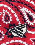 Close-up of RF-Wear Men's Mesh Bandana Shorts in Red with RF logo