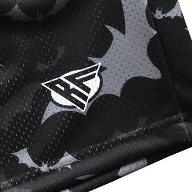 Close-up of RF-Wear Men's Mesh Bats Shorts in Black/Grey with RF logo