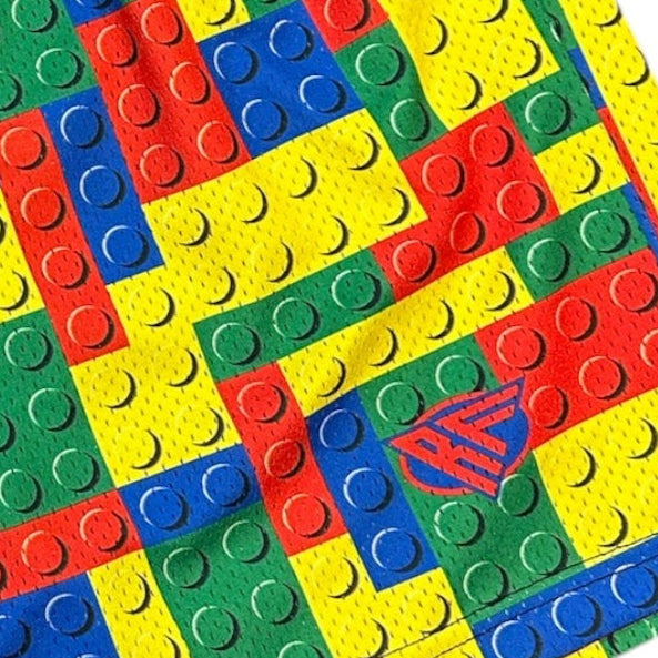 Close-up of RF-Wear Men's Mesh Block Shorts in Multicolor with RF logo