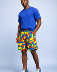 Man wearing a blue t-shirt and RF-Wear Men's Mesh Block Shorts in Multicolor 