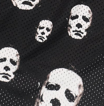 Close-up of RF-Wear Men's Mesh Boogeyman Faces Shorts in Black/White