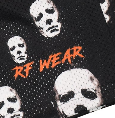 Close-up of RF-Wear Men's Mesh Boogeyman Faces Shorts in Black/White with RF WEAR logo
