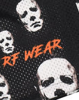 Close-up of RF-Wear Men's Mesh Boogeyman Faces Shorts in Black/White with RF WEAR logo