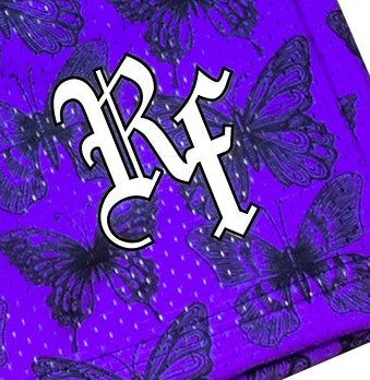 Close-up of RF-Wear Men's Mesh Butterfly Shorts in Purple and RF logo