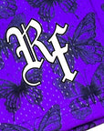 Close-up of RF-Wear Men's Mesh Butterfly Shorts in Purple and RF logo
