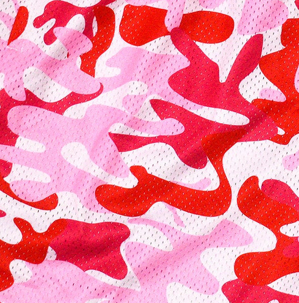 Close-up of RF-Wear Men's Mesh Camo Shorts in Pink/Red