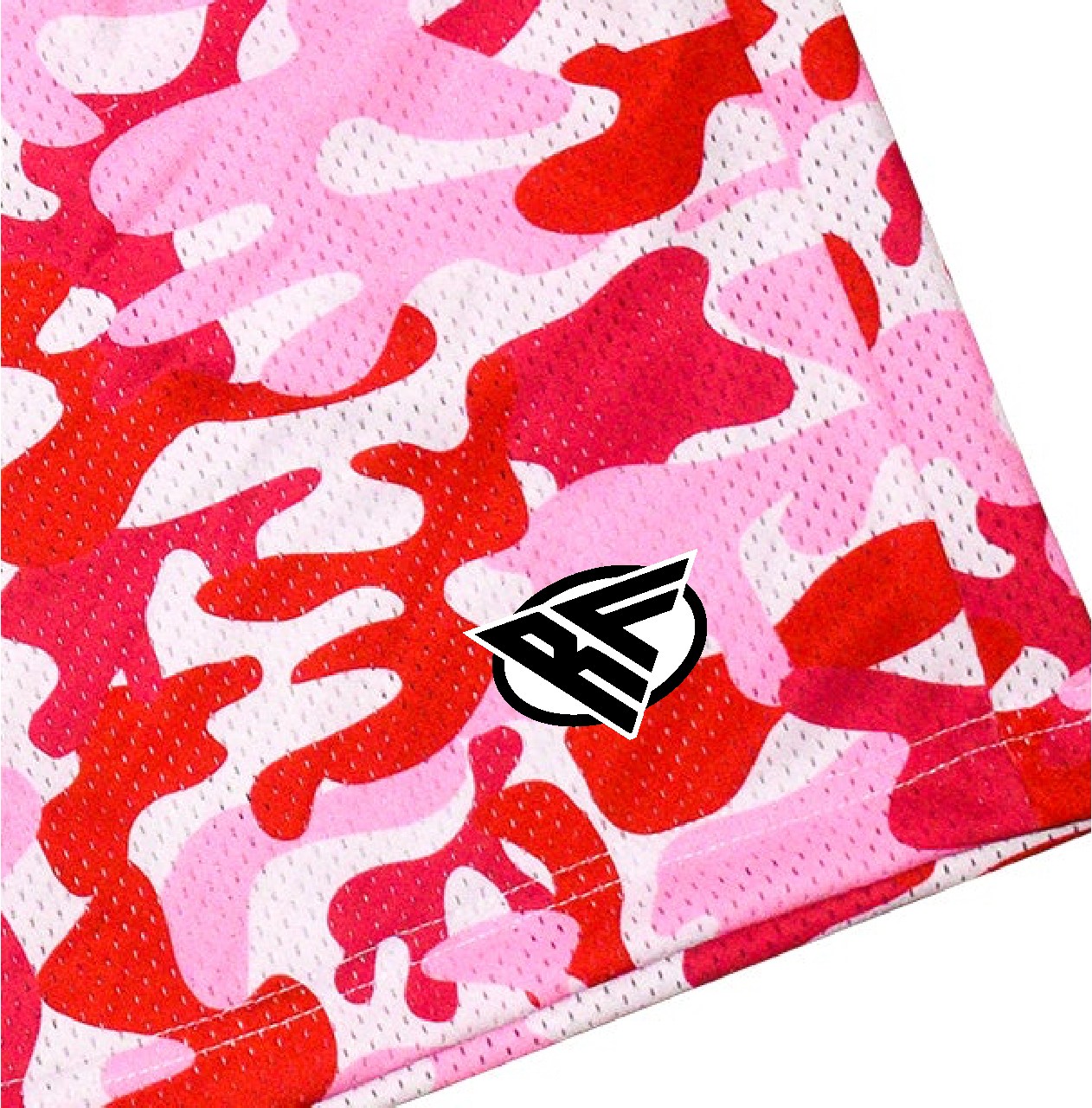 Close-up of RF-Wear Men's Mesh Camo Shorts in Pink/Red with RF logo