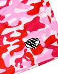 Close-up of RF-Wear Men's Mesh Camo Shorts in Pink/Red with RF logo