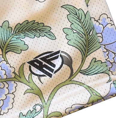 Close-up of RF-Wear Men's Mesh Carnation Shorts in Cream/Blue with RF logo