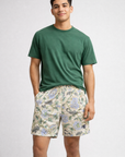Man wearing a green t-shirt and RF-Wear Men's Mesh Carnation Shorts in Cream/Blue