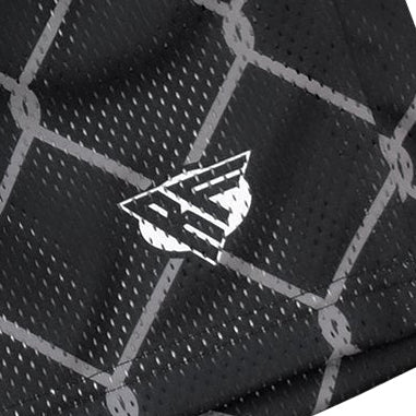 Close-up of RF-Wear Men's Mesh Chain Link Shorts in Black/Grey with RF logo