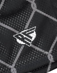 Close-up of RF-Wear Men's Mesh Chain Link Shorts in Black/Grey with RF logo