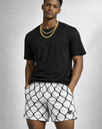 Man wearing a black t-shirt and RF-Wear Men's Mesh Chain Link Shorts in White/Black