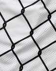 Close-up of RF-Wear Men's Mesh Chain Link Shorts in White/Black
