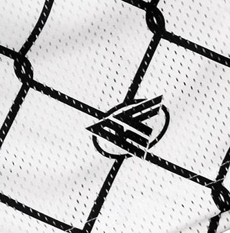 Close-up of RF-Wear Men's Mesh Chain Link Shorts in White/Black with RF logo