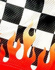 Close-up of RF-Wear Men's Mesh Checkered Flame Shorts in Black/White Red Flame