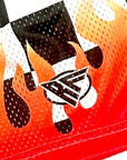 Close-up of RF-Wear Men's Mesh Checkered Flame Shorts in Black/White Red Flame with RF logo