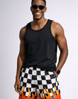 Man wearing a black tank top and RF-Wear Men's Mesh Checkered Flame Shorts in Black/White Red Flames 
