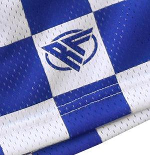 Close-up of RF-Wear Men's Mesh Checkered Shorts in Blue/White with RF logo