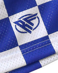Close-up of RF-Wear Men's Mesh Checkered Shorts in Blue/White with RF logo