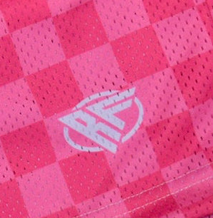 Close-up of RF-Wear Men's Mesh Checkered Shorts in Fuchsia/Pink with RF logo