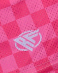 Close-up of RF-Wear Men's Mesh Checkered Shorts in Fuchsia/Pink with RF logo