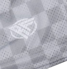 Close-up of RF-Wear Men's Mesh Checkered Shorts in Grey with RF logo