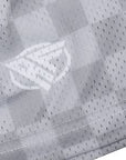 Close-up of RF-Wear Men's Mesh Checkered Shorts in Grey with RF logo