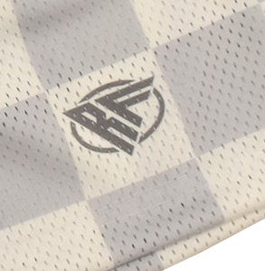 Close-up of RF-Wear Men's Mesh Checkered Shorts in Grey/Cream with RF logo