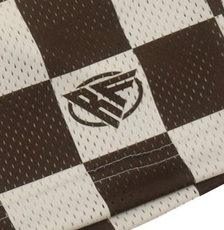 Close-up of RF-Wear Men's Mesh Checkered Shorts in Mocha/Cream with RF logo
