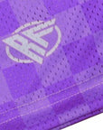 Close-up of RF-Wear Men's Mesh Checkered Shorts in Purple with RF logo