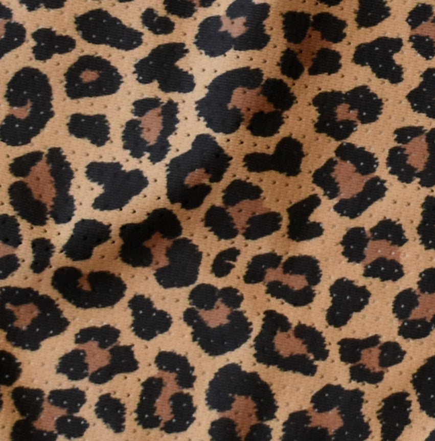 Close-up of RF-Wear Men's Mesh Animal Print Shorts - Cheetah in Brown