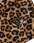 Close-up of RF-Wear Men's Mesh Animal Print Shorts - Cheetah in Brown with RF logo