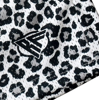 Close-up of RF-Wear Men's Mesh Animal Print Shorts - Cheetah in White with RF logo