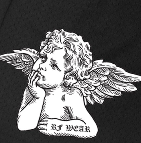 Close-up of RF-Wear Men's Mesh Cherub Shorts in Black