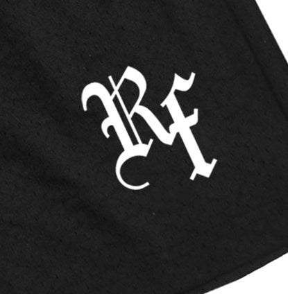 Close-up of RF-Wear Men's Mesh Cherub Shorts in Black with RF logo