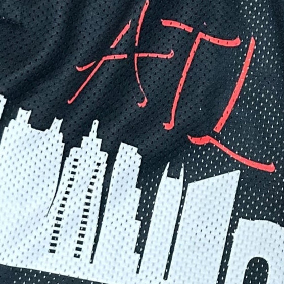 Close-up of RF-Wear Men's Mesh Atlanta Cityscape Shorts -  Black/Red