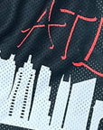 Close-up of RF-Wear Men's Mesh Atlanta Cityscape Shorts in  Black/Red