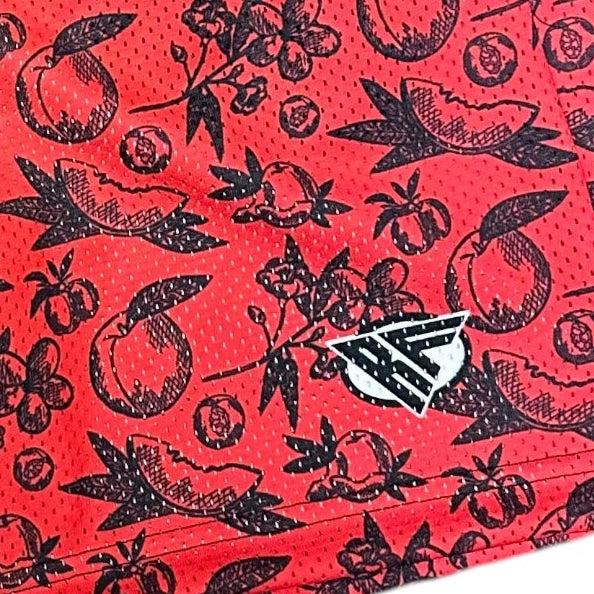 Close-up of RF-Wear Men's Mesh Atlanta Cityscape Shorts -  Black/Red with RF logo