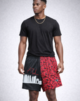 Man wearing a black t-shirt and RF-Wear Men's Mesh Atlanta Cityscape Shorts in  Black/Red