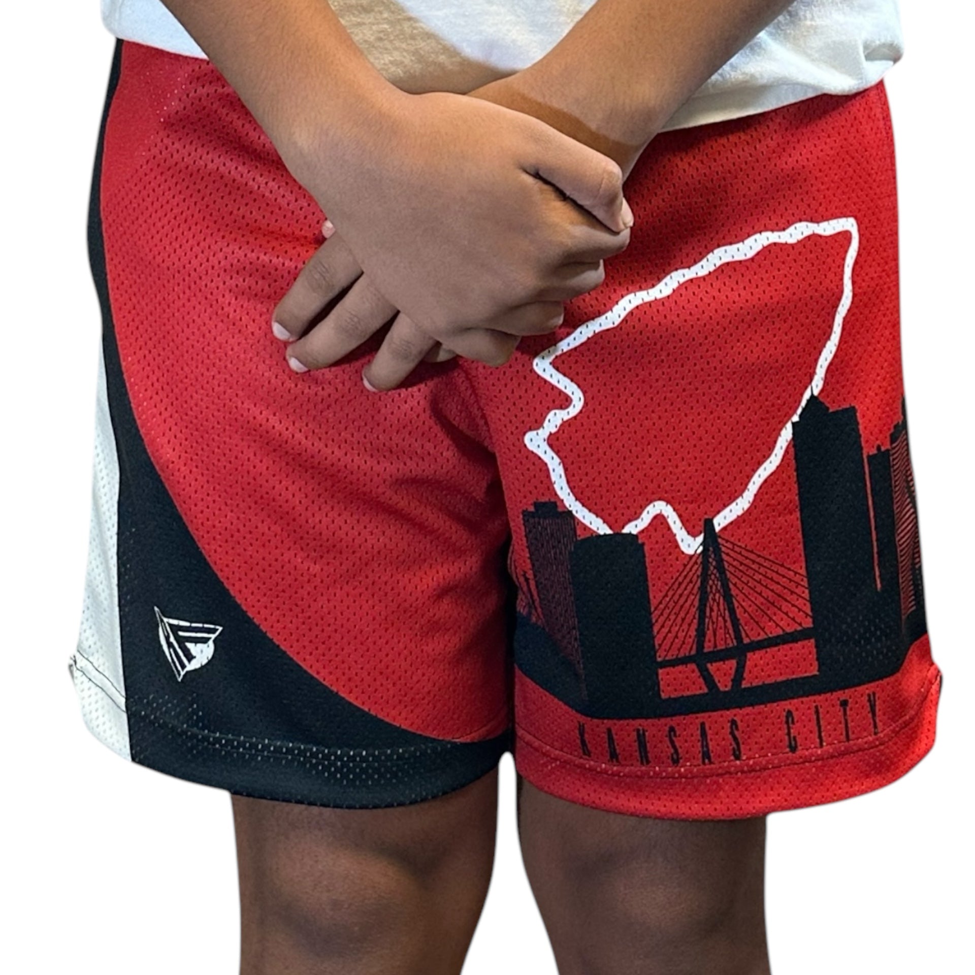 Man wearing RF-Wear Men's Mesh Kansas City Cityscape Shorts in  Black/Red
