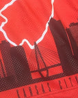 Close-up of RF-Wear Men's Mesh Kansas City Cityscape Shorts in  Black/Red